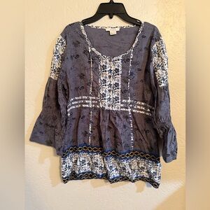 Sundance women’s size 10 Blue and White Floral Blouse boho hippie Flowy